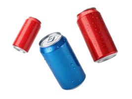 Refreshing beverage cans in red and blue with droplets png