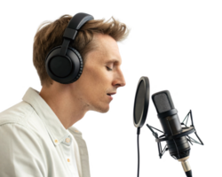 man singing into microphone while wearing headphones, focused on his performance png