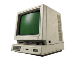 Vintage computer with green screen and retro design, showcasing nostalgia and technology evolution png