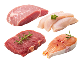 Fresh meat selection including pork, chicken, beef, and salmon with herbs png