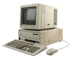 Old computer with monitor, keyboard, and mouse, showing vintage design and wear png