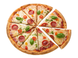 Delicious pizza with pepperoni, tomatoes, and fresh basil slices png
