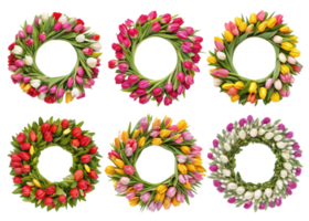 Beautiful floral wreaths made of colorful tulips in various arrangements. Perfect for spring decor and celebrations png