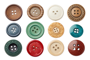 Buttons in various colors and designs arranged in grid pattern, showcasing their unique textures and styles png