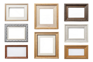 Empty picture frames in various styles and colors arranged in grid png