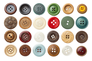 Colorful collection of buttons in various shapes and materials, showcasing unique designs and textures png