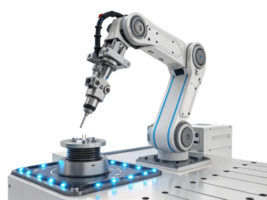 Robotic arm with precision tool on workstation, showcasing advanced technology and automation png