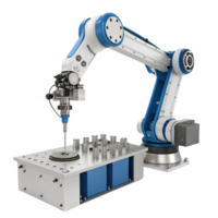 Robotic arm with precision tool on workbench, showcasing automation technology png