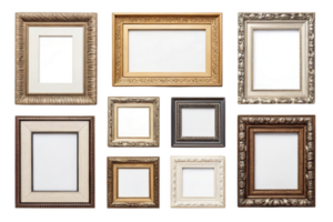 Elegant collection of empty picture frames in various styles and colors png