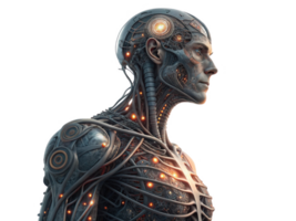 This features futuristic humanoid figure with intricate mechanical and organic elements, showcasing blend of technology and png
