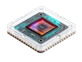 High tech microchip with colorful circuitry in transparent casing png