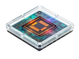close up view of microchip in transparent casing, showcasing intricate circuitry and colorful lights png