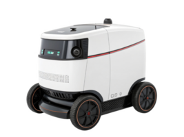 Autonomous delivery robot with wheels, modern design, and technology features png