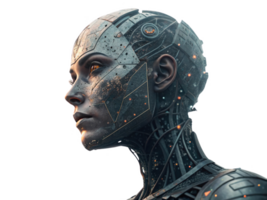 A futuristic robot with metallic face and intricate details, showcasing advanced technology and design png