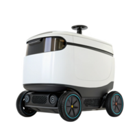 Autonomous delivery robot with sleek design and four wheels, ideal for urban environments png