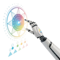 robotic hand interacts with colorful geometric design, symbolizing technology and innovation png