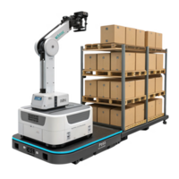 Automated robotic arm with boxes on pallets in warehouse setting png