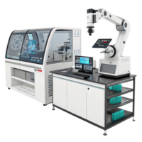 High tech laboratory equipment with robotic arm and computer workstation png