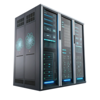 High tech server rack with illuminated components and modern design png