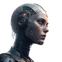 futuristic robot with metallic face and intricate details, showcasing advanced technology and design. png