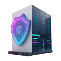 futuristic server with glowing shield design, symbolizing cybersecurity and protection png