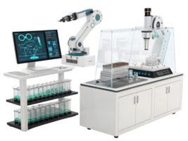 High tech laboratory equipment with robotic arm and computer display png