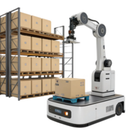 Automated robot lifting boxes from warehouse shelf, showcasing efficiency and technology png