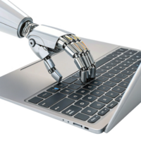 robotic hand typing on laptop keyboard, showcasing technology and innovation png