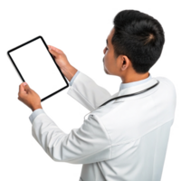 healthcare professional using technology to analyze data on tablet, showcasing modern medical practices and innovation. png