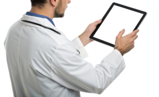 healthcare professional using technology to analyze data on tablet, showcasing modern medical practices and innovation . png