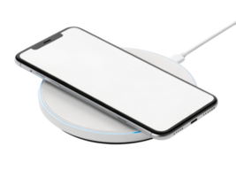 modern smartphone is placed sleek wireless charging pad, showcasing convenience of technology. minimalist design emphasizes png