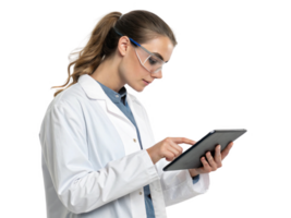 focused scientist in lab coat uses tablet to explore food technology innovations, showcasing blend of science and technology png