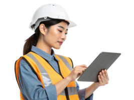 construction worker using tablet, showcasing integration of food and technology in modern projects png