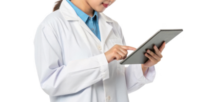 healthcare professional using tablet to access information, showcasing integration of food and technology in modern medicine png