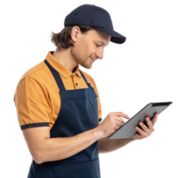 young man in blue apron and cap is using tablet, showcasing intersection of food and technology in modern setting png