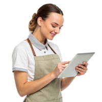 Smiling woman using tablet in apron, showcasing food, technology, and modern service png
