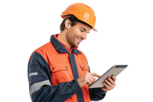 construction worker using tablet, showcasing integration of food and technology in modern work environments. png