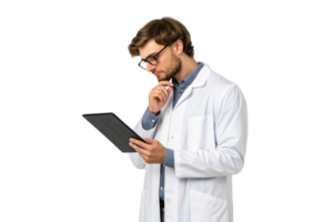 thoughtful professional in lab coat examines tablet, blending food and technology in modern healthcare setting png