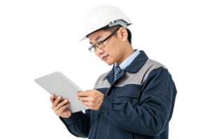 A construction worker using tablet, showcasing integration of food and technology in modern work environments png