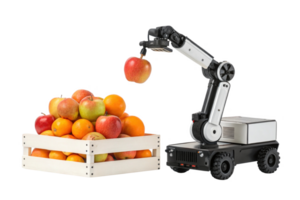 robotic arm picking apples from crate, showcasing intersection of food and technology in agriculture png