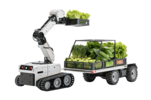 robotic vehicle transporting fresh produce, showcasing integration of food and technology in modern agriculture png