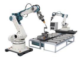 Automated robotic arms working precision tasks manufacturing environment, showcasing advanced technology and efficiency png