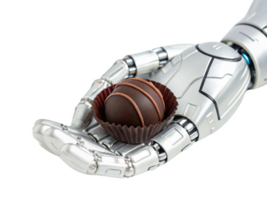 robotic hand delicately holds chocolate truffle, showcasing blend of food and technology in unique way png