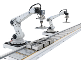 Automated robotic arms working on conveyor system, showcasing advanced food technology and precision in handling items png