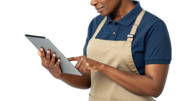 person using tablet in professional setting, showcasing food, technology, and service skills png