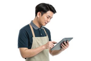 jovem homem dentro avental usa tábua, exibindo interseção do Comida e tecnologia dentro moderno configuração png