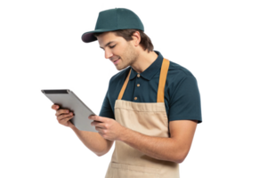 Young man in apron using tablet, engaged in food technology, smiling with enthusiasm while checking orders png