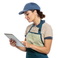 worker in cap and apron uses tablet to manage tasks, blending food and technology in modern setting png
