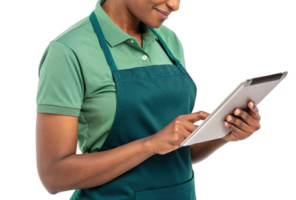 pessoa dentro verde camisa e avental usando tábua, exibindo interseção do Comida e tecnologia dentro profissional configuração png