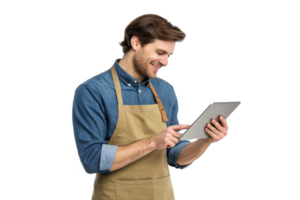 Smiling man in apron using tablet, showcasing food, technology in modern kitchen setting png